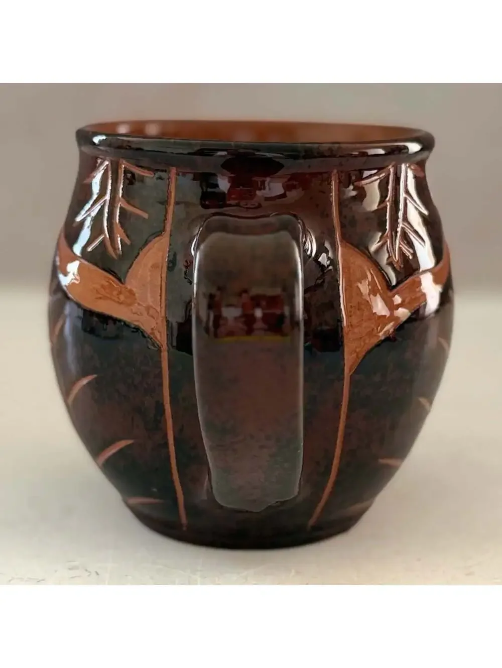 Wassi Art Jamaican Pottery Mug Pair | Hand Carved Leaf Redware Coffee Cups